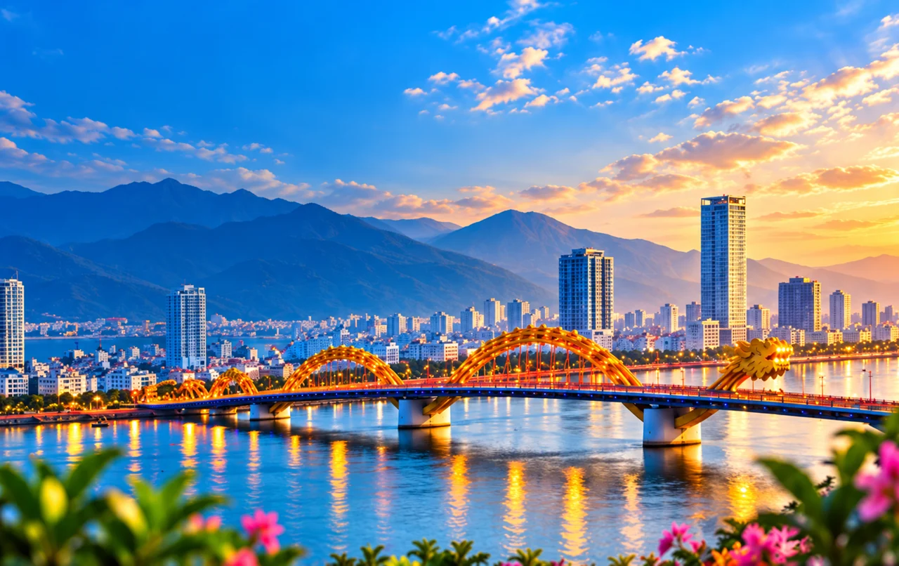 Cầu Rồng và sông Hàn lúc hoàng hôn ở Đà Nẵng